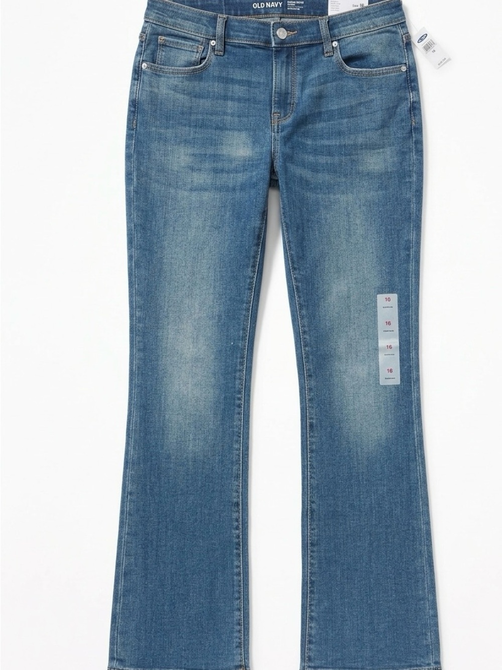 Mid-Rise Wow Boot-Cut Jeans in a medium wash denim.